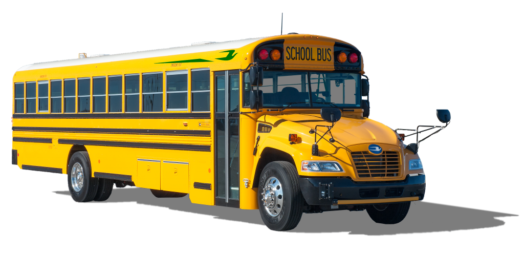 Blue Bird propane fueled bus with black rails